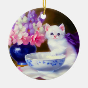 Vintage White Kitten with Purple Ribbon Ceramic Tree Decoration