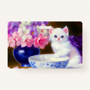 Vintage White Kitten with Purple Ribbon ID Badge