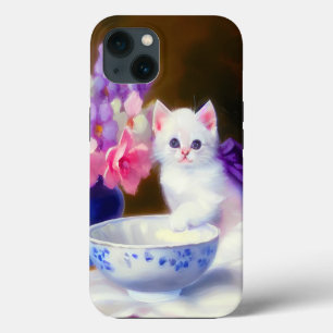 Vintage White Kitten with Purple Ribbon iPhone 13 Case