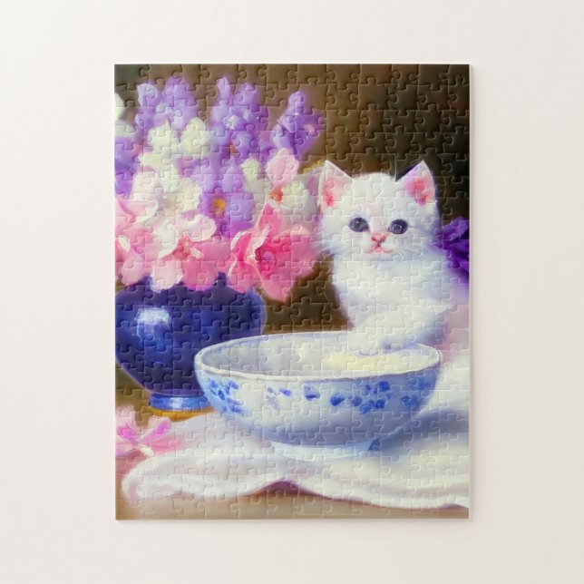 Vintage White Kitten with Purple Ribbon Jigsaw Puzzle (Vertical)