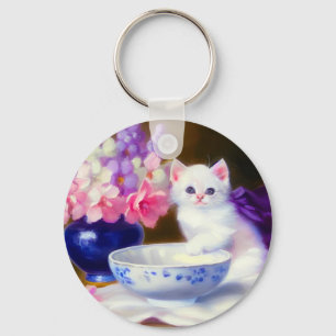 Vintage White Kitten with Purple Ribbon Key Ring