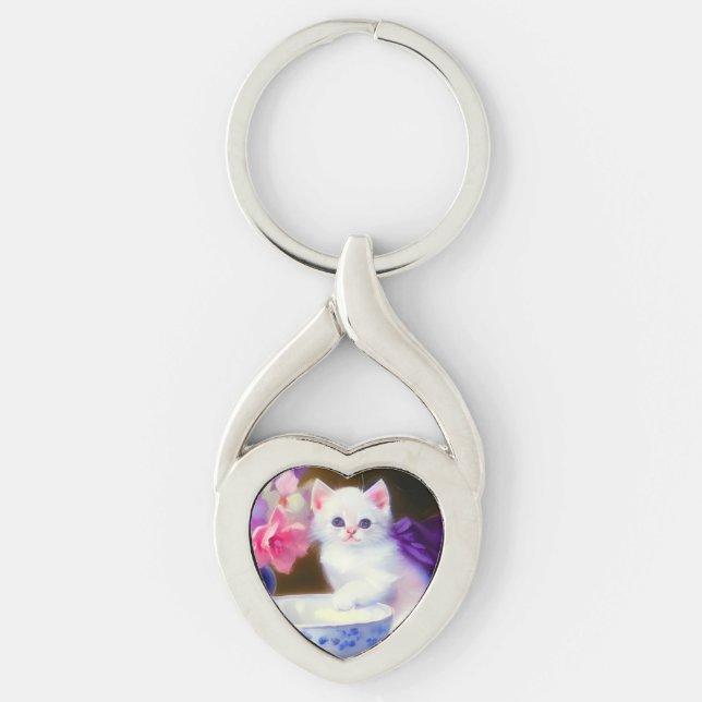 Vintage White Kitten with Purple Ribbon Key Ring (Front)