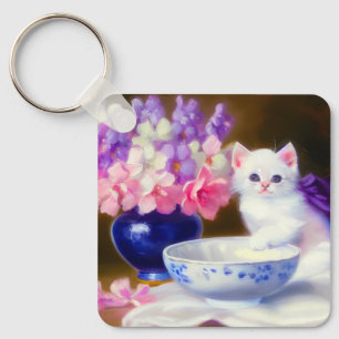 Vintage White Kitten with Purple Ribbon Key Ring