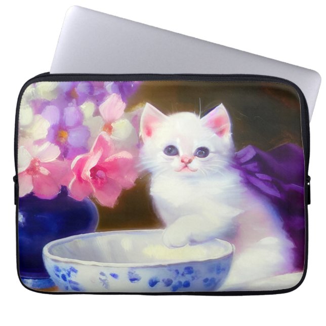 Vintage White Kitten with Purple Ribbon Laptop Sleeve (Front)