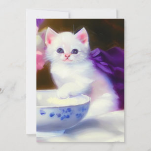Vintage White Kitten with Purple Ribbon Save The Date