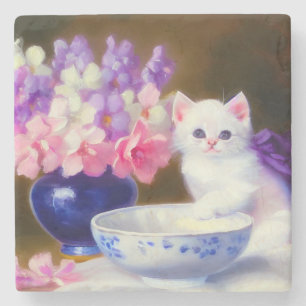 Vintage White Kitten with Purple Ribbon Stone Coaster