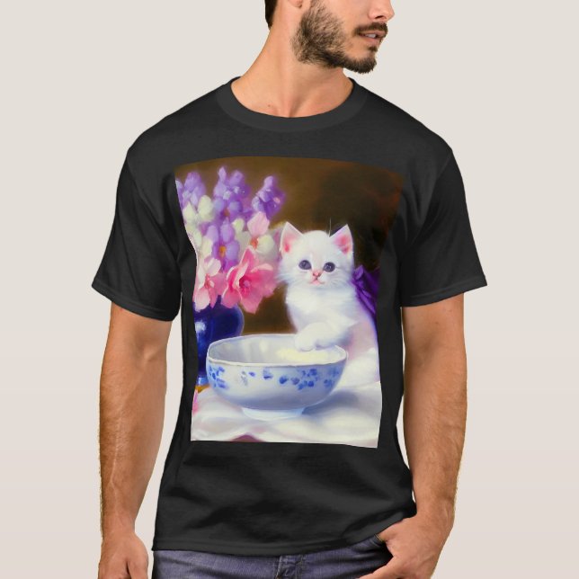Vintage White Kitten with Purple Ribbon T-Shirt (Front)