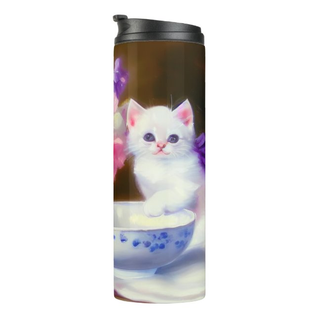 Vintage White Kitten with Purple Ribbon Thermal Tumbler (Rotated Right)