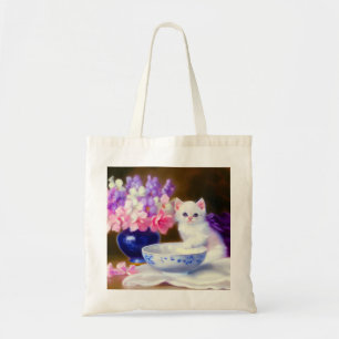 Vintage White Kitten with Purple Ribbon Tote Bag