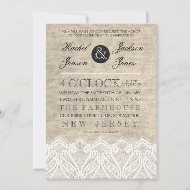 Vintage White Lace & Burlap Wedding Invitation (Front)