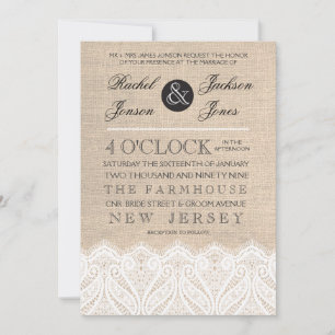 Vintage White Lace & Burlap Wedding Invitation