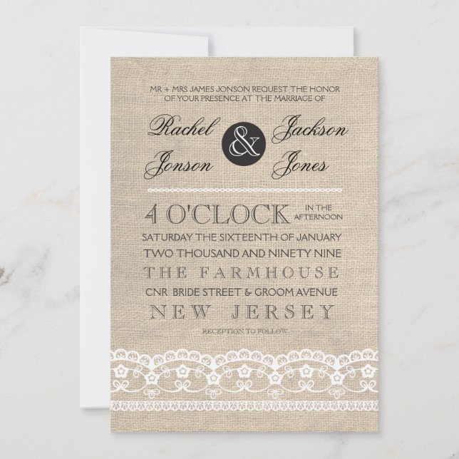 Vintage White Lace & Burlap Wedding Invitation (Front)