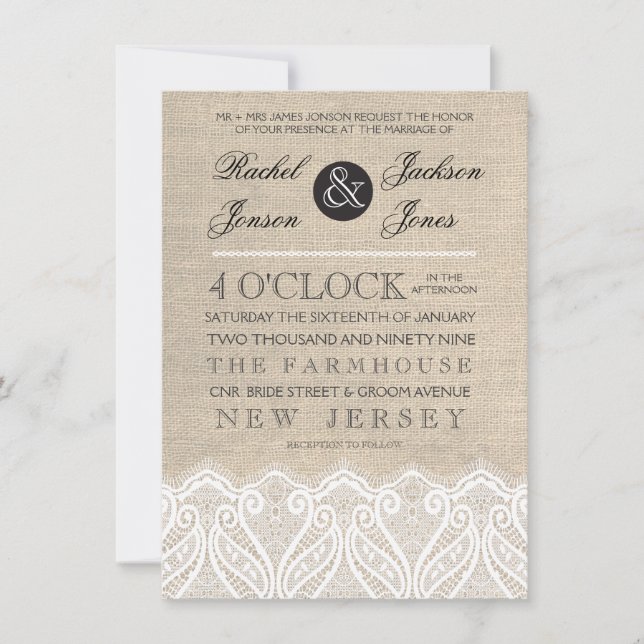 Vintage White Lace & Burlap Wedding Invitation (Front)