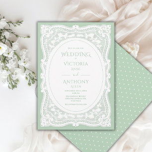 Vintage White Lace Green Polkadots Rustic Wedding Invitation
