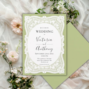 Vintage White Lace Green Rustic Wedding Invitation
