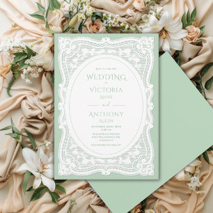 Vintage White Lace Green Rustic Wedding Invitation