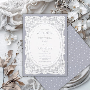 Vintage White Lace Grey Polkadots Rustic Wedding Invitation