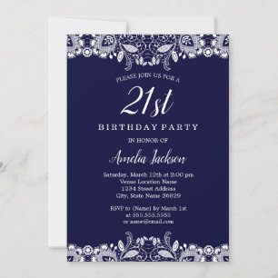 Vintage White Lace Navy 21st Birthday Party Invitation