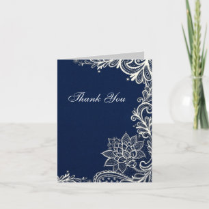 vintage white lace  navy blue wedding thank you card
