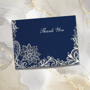 vintage white lace navy blue wedding thank you postcard
