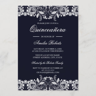 Vintage White Lace Navy Quinceanera Invitation