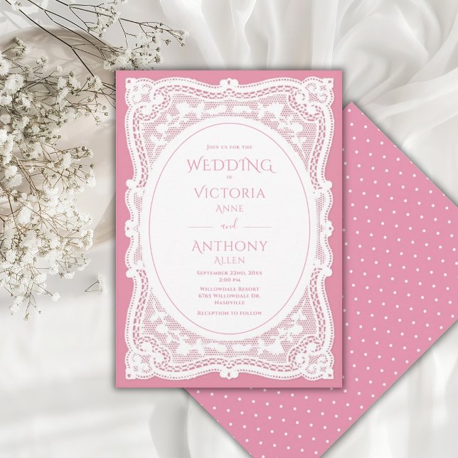 Vintage White Lace Pink Rustic Wedding Invitation (Creator Uploaded)