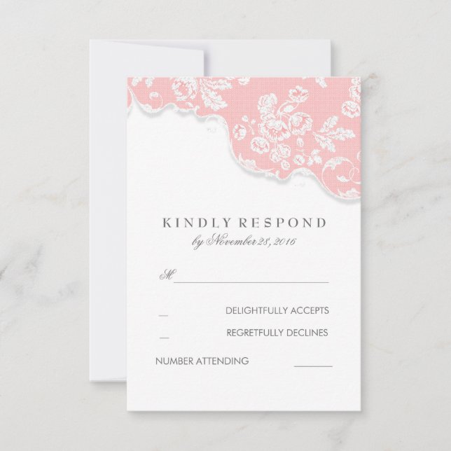 Vintage White Lace Pink Wedding RSVP (Front)