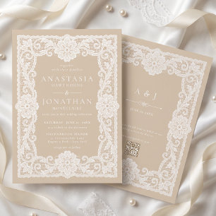 Vintage White Lace QR Code Wedding Invitation