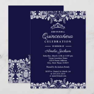 Vintage White Lace Tiara Navy Quinceanera Invitation