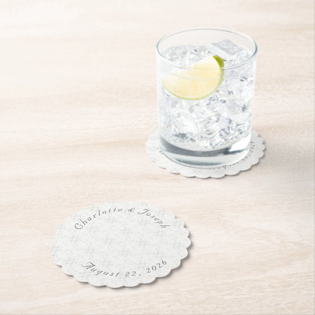 Vintage White Lace Wedding Paper Coaster (Insitu)