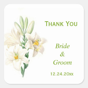 Vintage white lily flowers wedding favour thank yo square sticker