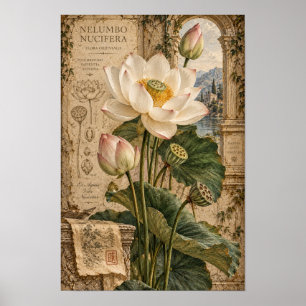 Vintage White Lotus Botanical Wall Art