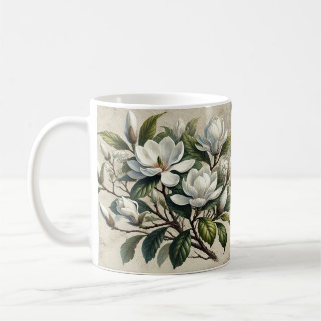 Vintage White Magnolia Botanical  Coffee Mug (Left)