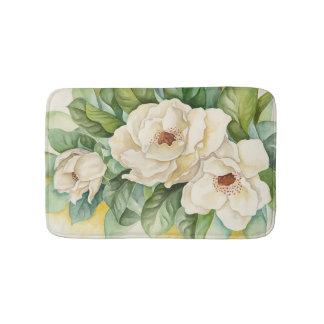 Vintage White Magnolia Floral Watercolor Painting Bath Mat