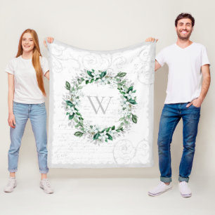Vintage White Magnolia Floral Wreath Monogram Fleece Blanket