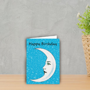 Vintage White Moon Face White Stars Birthday Card