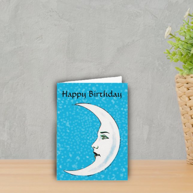 Vintage White Moon Face White Stars Birthday Card (White Gothic looking crescent moon black lips white stars on vibrant blue Birthday greeting card.)