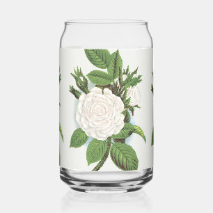 Vintage White Moss Rose Cottagecore Botanical Art Can Glass