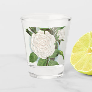 Vintage White Moss Rose Cottagecore Botanical Art Shot Glass