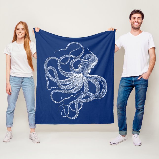 Vintage White Octopus On Navy Blue Fleece Blanket (In Situ)