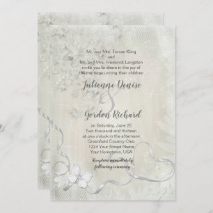 Vintage White on White Floral Butterfly Wedding Invitation