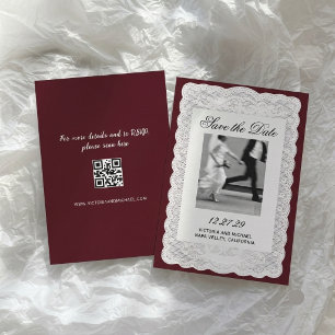Vintage White Paper Lace Burgundy Photo Wedding Save The Date