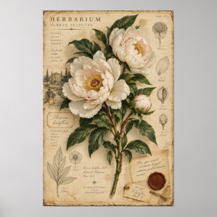 Vintage White Peony Herbarium Botanical Wall Art