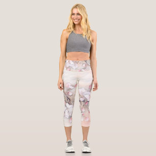 Vintage white pink cherry blossom drawing minimal  capri leggings