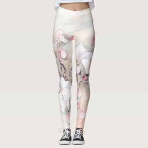 Vintage white pink cherry blossom drawing minimal leggings