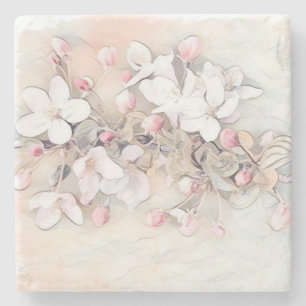 Vintage white pink cherry blossom drawing minimal  stone coaster