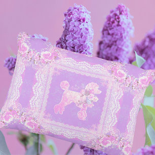 Vintage White Pink Lilac Lace Poodle Patchwork Decorative Cushion