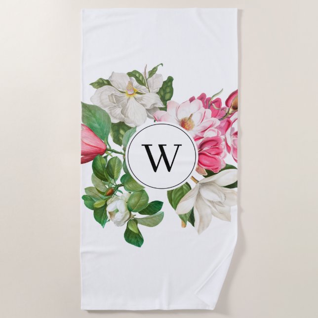 Vintage White & Pink Magnolia Flowers Monogram Beach Towel (Front)
