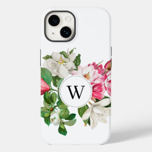 Vintage White & Pink Magnolia Flowers Monogram Case-Mate iPhone 14 Case