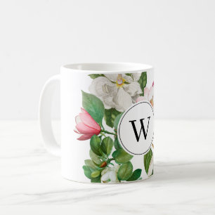 Vintage White & Pink Magnolia Flowers Monogram Coffee Mug